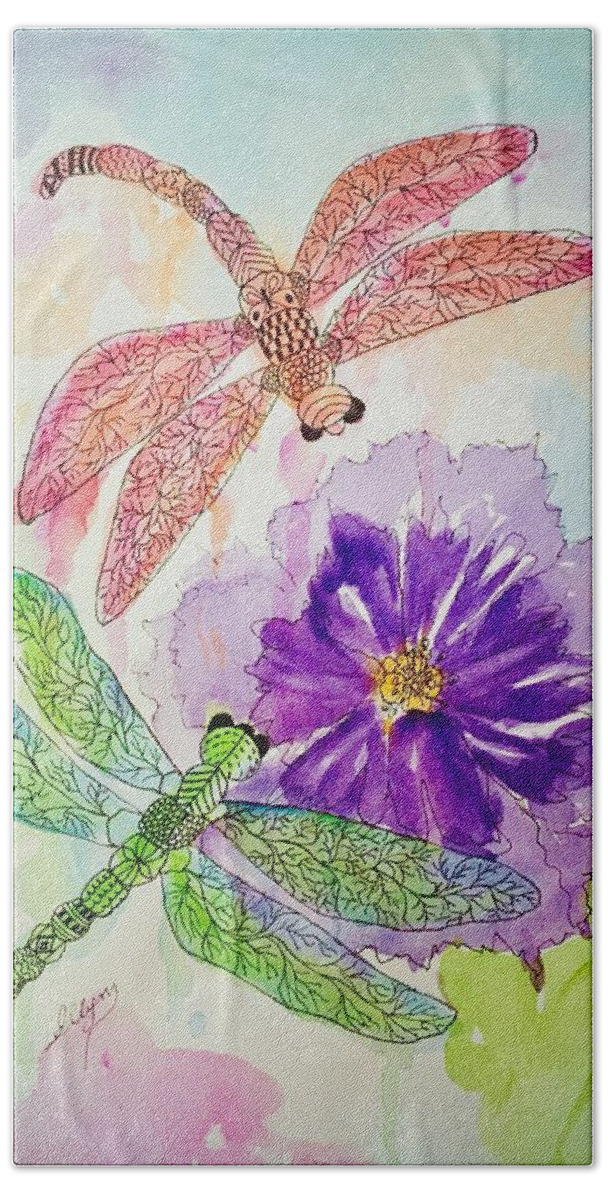 Dragonfly Bath Towel featuring the painting Dragonfly Doodles by Ellen Levinson