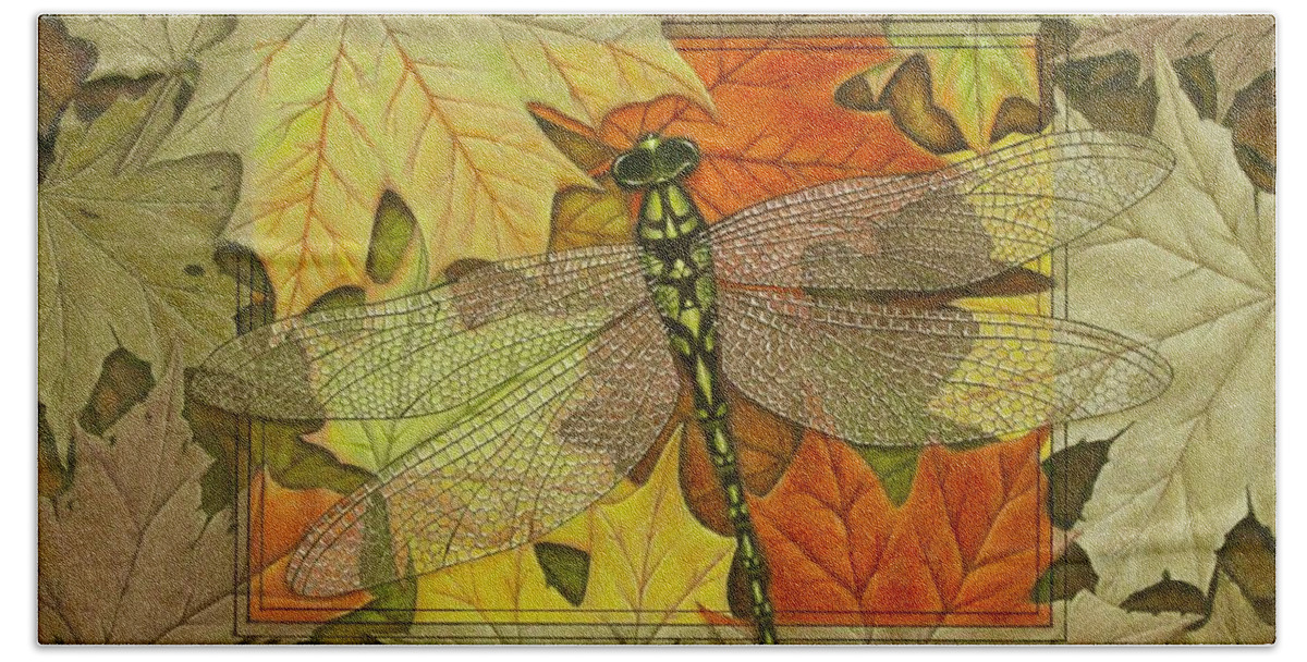Kim Mcclinton Hand Towel featuring the drawing Dragonfly Fall by Kim McClinton