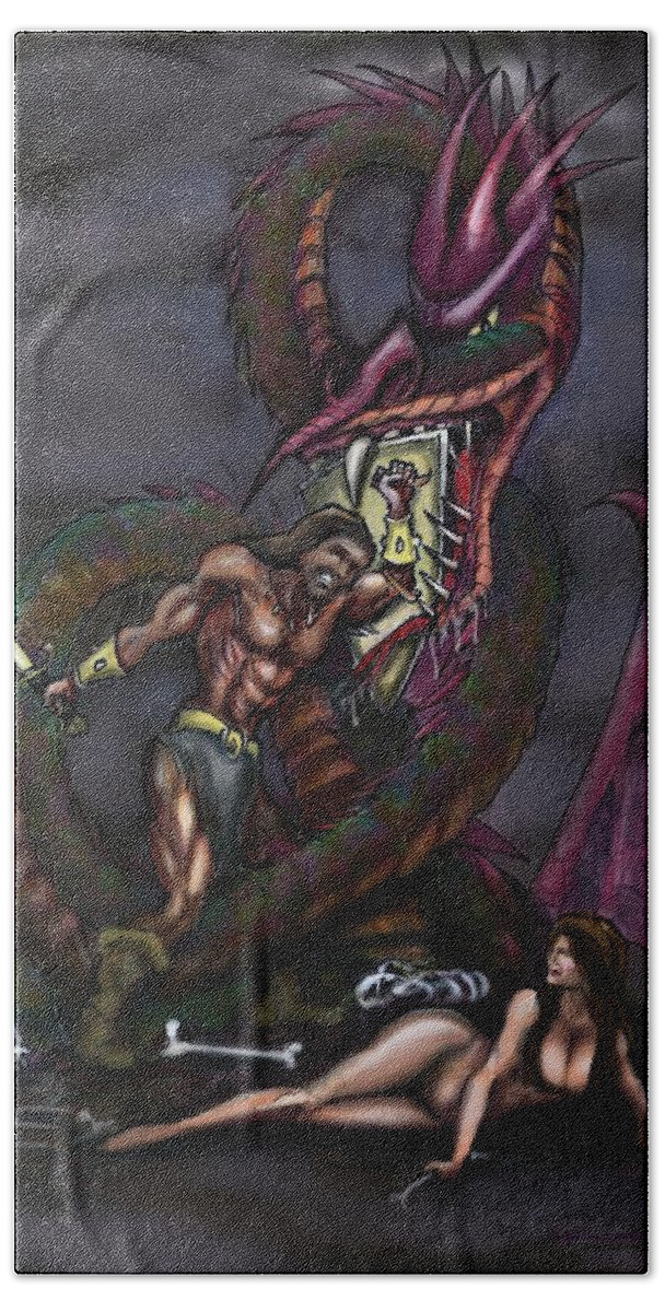 Dragon Bath Towel featuring the painting Dragonslayer by Kevin Middleton