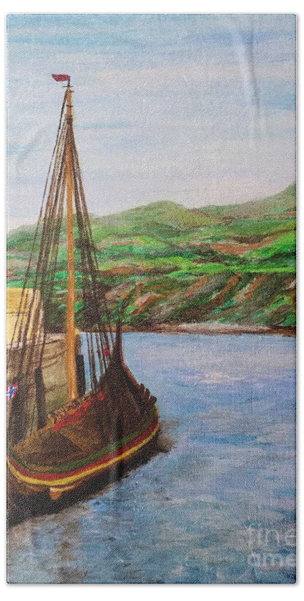 Viking Bath Towel featuring the painting Draken Harald Harfagre Peel Harbor Isle of Man by C E Dill