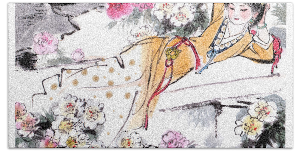 Liu Danzhai Bath Towel featuring the painting Dream of the Red Chamber - Woman Laying In Garden by Liu Danzhai