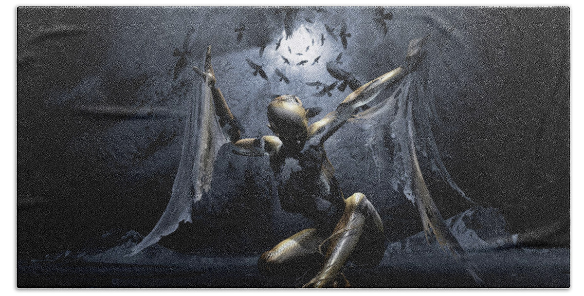 Moonlight Night Figure Body Angel Surreal Wings Landscape Snow Mountains Birds Bath Towel featuring the digital art Dreams of Flying by George Grie