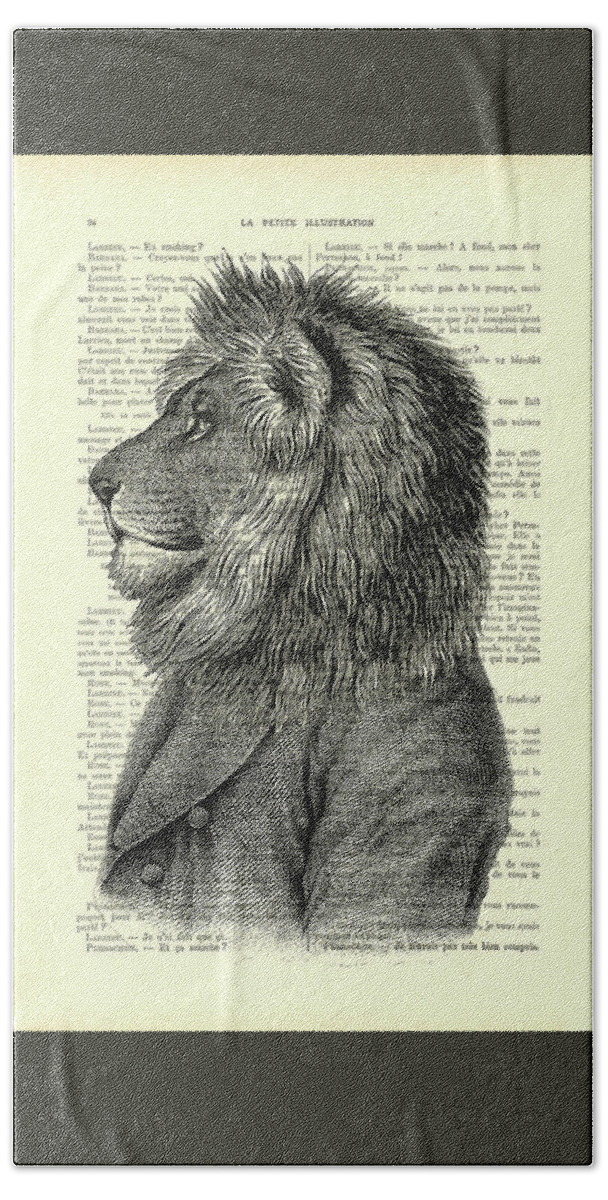 Lion Hand Towel featuring the digital art Dressed up lion, wildlife animal portrait by Madame Memento