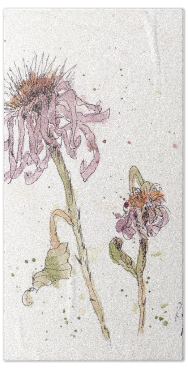 Flowers Bath Towel featuring the painting Dried Coneflowers by Ruth Kamenev