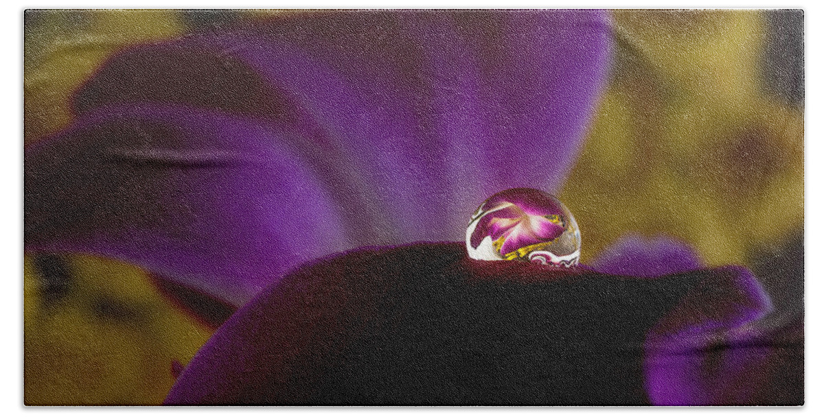 Macro Bath Towel featuring the photograph Drop on an purple orchid 2 by Wolfgang Stocker