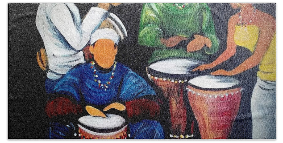 Drummers Bath Towel featuring the painting Drum Circle by Jenny Pickens