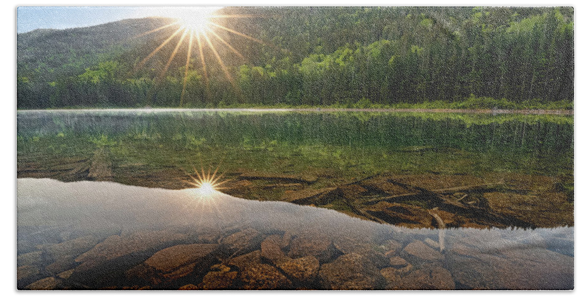 Mountain Hand Towel featuring the photograph Dual Sunburst Sunrise at East Pond in the White Mountain National Forest by William Dickman