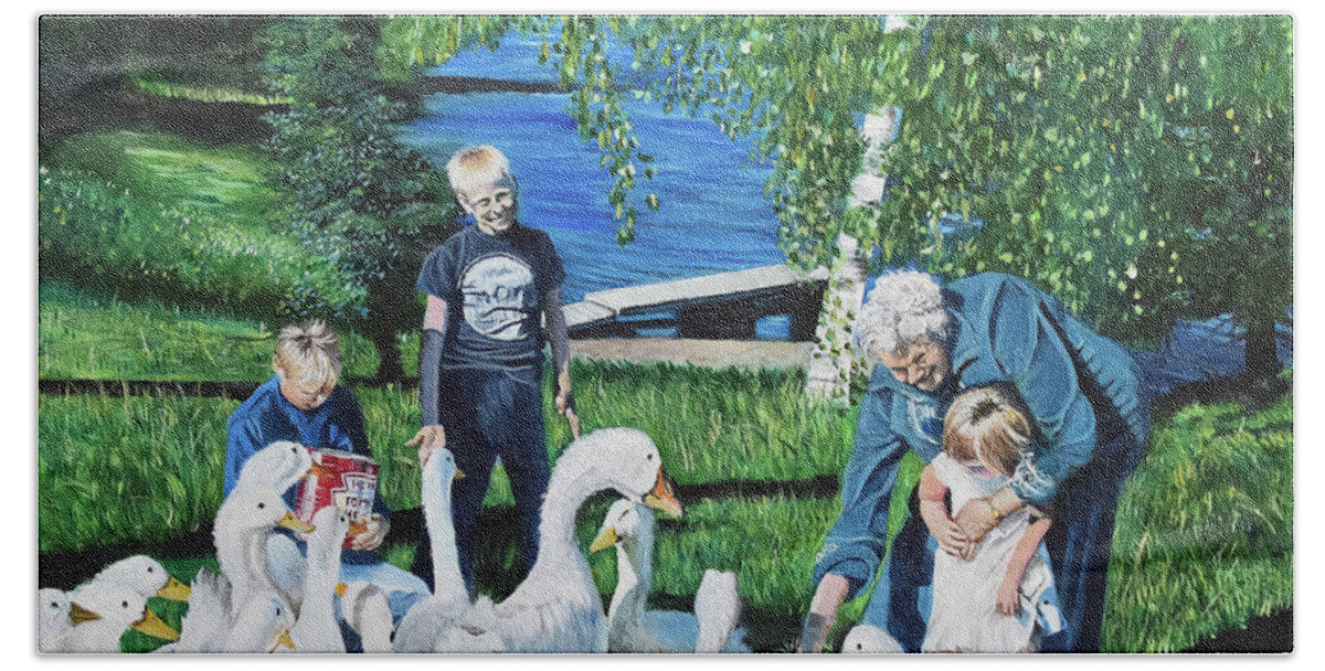 Ducks Bath Towel featuring the painting Ducks and Dears by Marilyn McNish