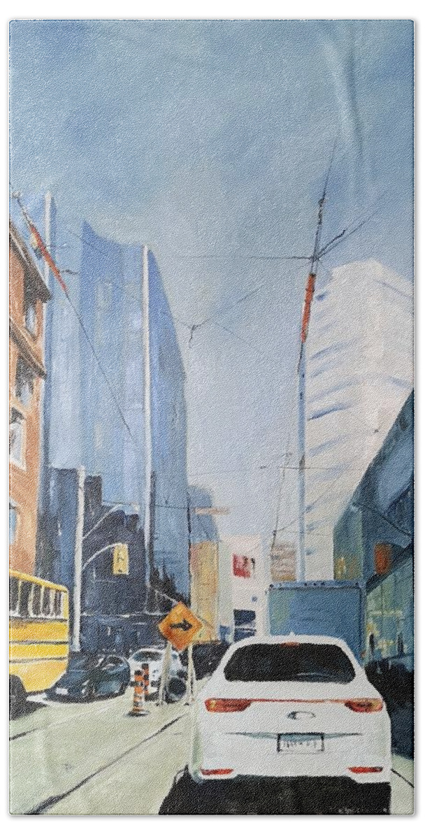 Toronto Bath Towel featuring the painting Dundas Square by Sheila Romard