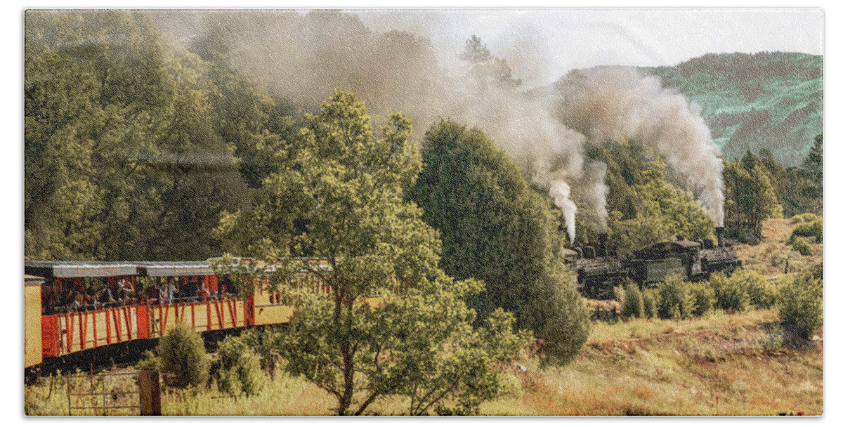Durango Train Hand Towel featuring the photograph Durango Colorado Train Blowing Smoke - Panoramic Format by Gregory Ballos