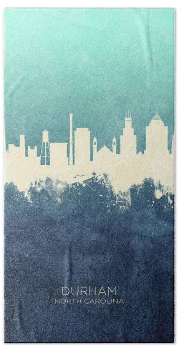 Durham Hand Towel featuring the digital art Durham North Carolina Skyline #72 by Michael Tompsett