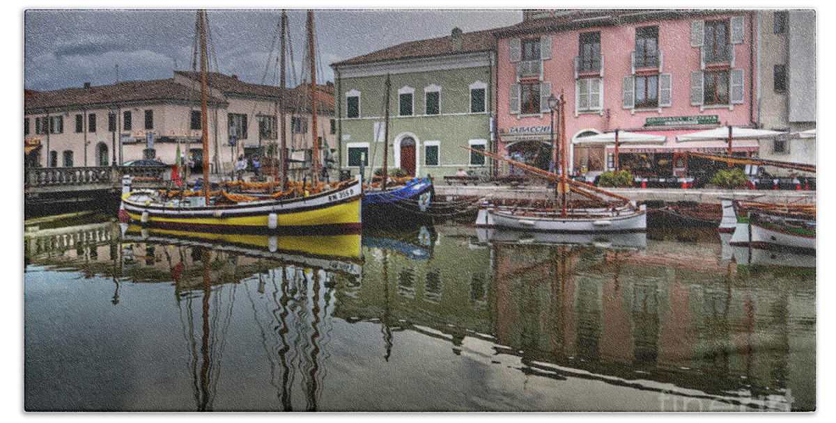 Sail Bath Towel featuring the photograph Dusk Cesenatico Harbour - Italy by Paolo Signorini