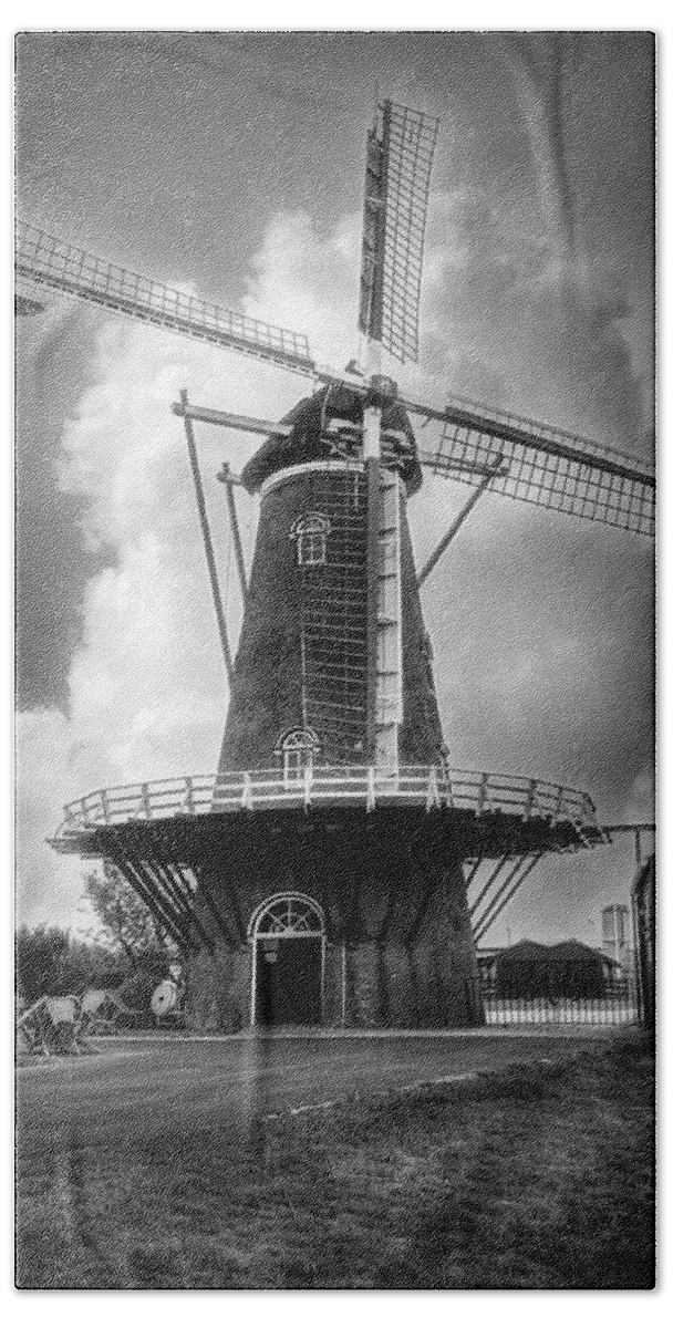 Barns Bath Towel featuring the photograph Dutch Windmill in the Countryside Black and White by Debra and Dave Vanderlaan