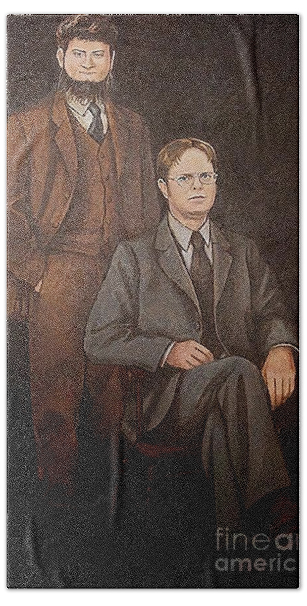  Characters Hand Towel featuring the painting Dwight Schrute Mose Schrute Portrait by Ben Carrie