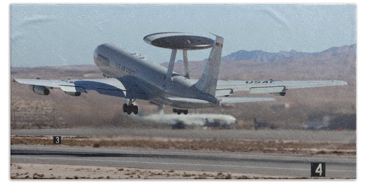 Oklahoma Bath Towel featuring the photograph E-3 Sentry 79-0003 departing 03R at Nellis by Custom Aviation Art