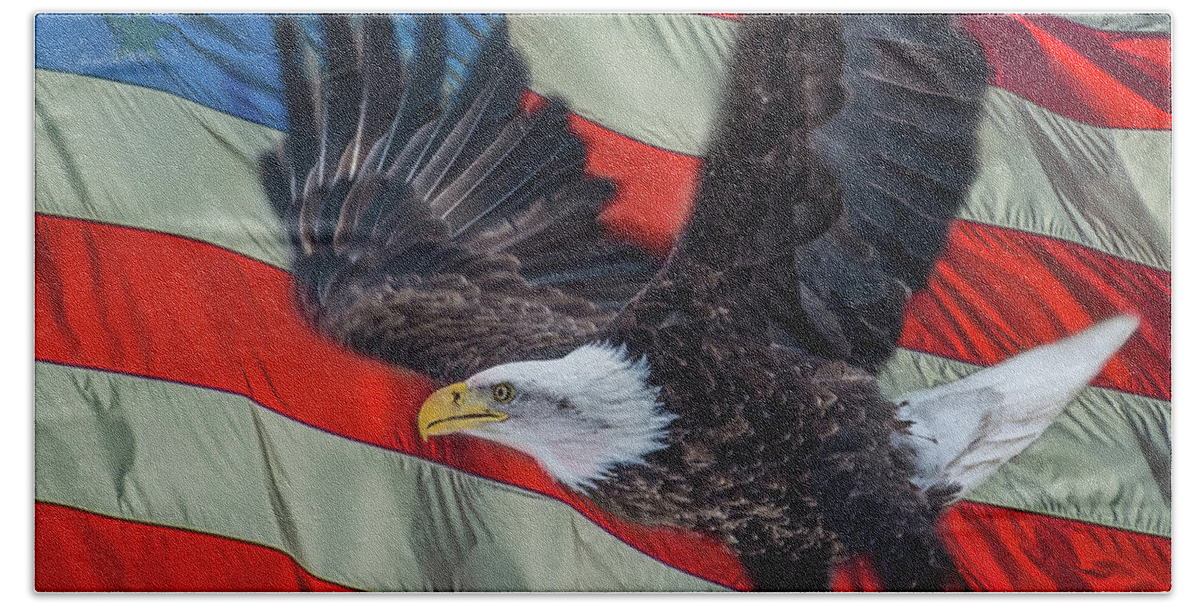 Bird Bath Towel featuring the photograph Eagle With Flag Background by Paul Freidlund