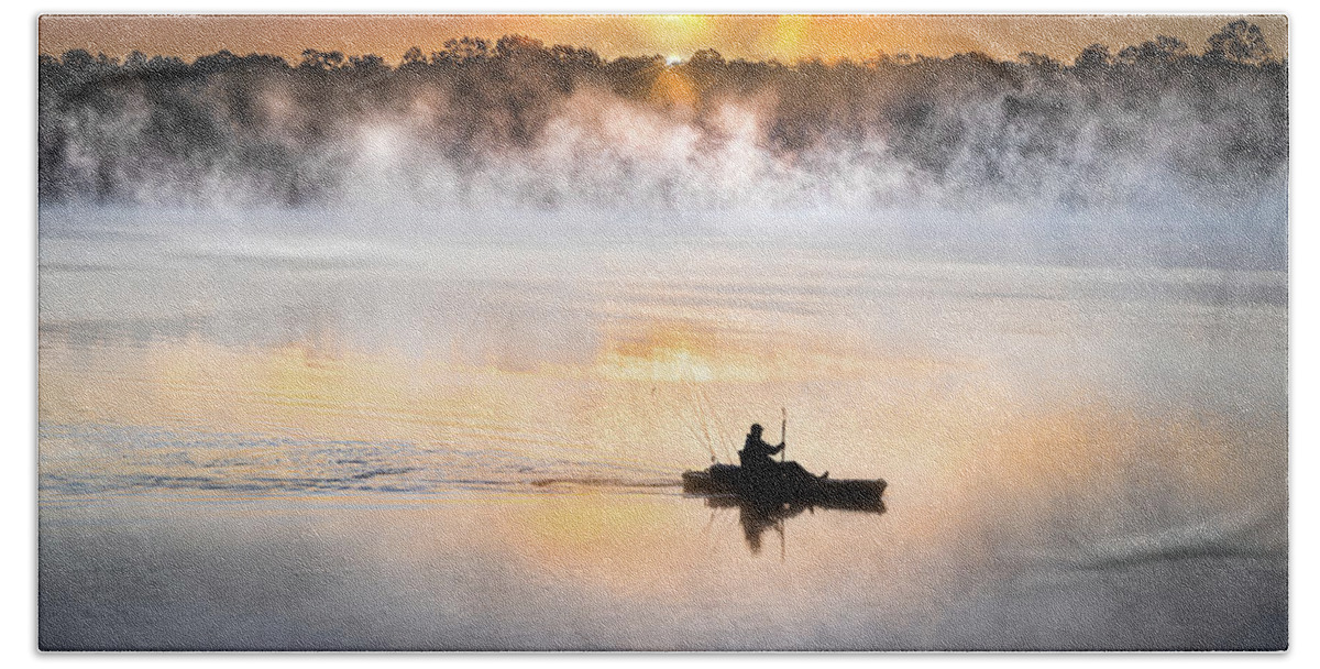 Lake Lamar Bruce Hand Towel featuring the photograph Morning Mist Kayak Fisherman Sunrise Lake Mississippi by Jordan Hill