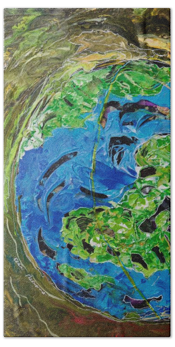 Wall Art Bath Towel featuring the painting Earth Embraced - Vertical by Ellen Palestrant