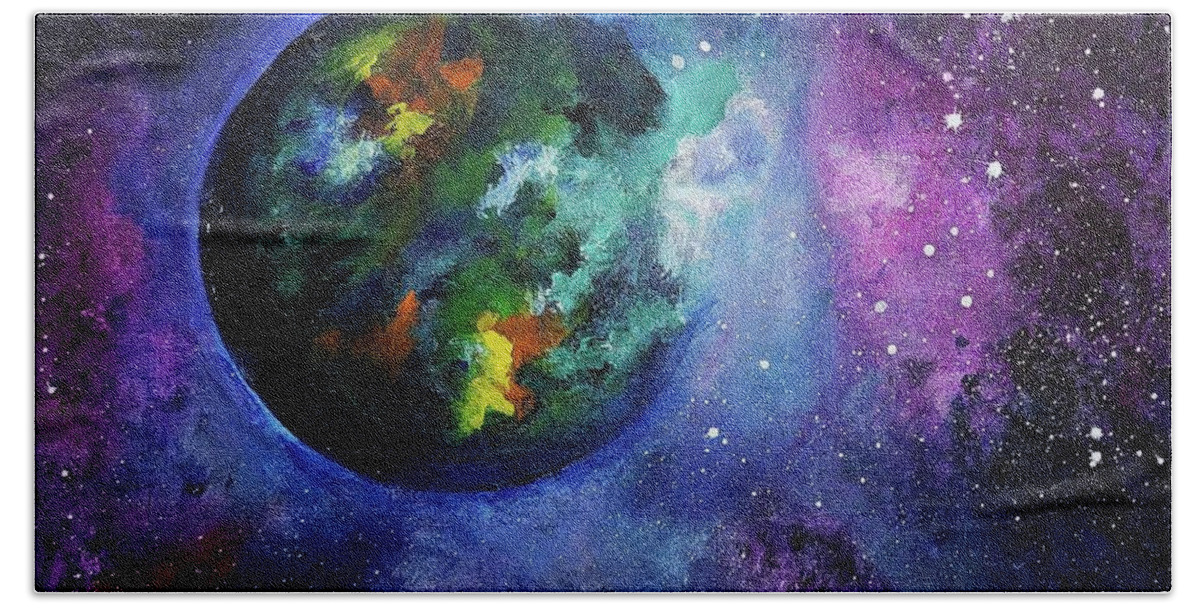 Earth Inspired Spacescape Hand Towel featuring the painting Earth Inspired Spacescape 60.22 by Cheryl Nancy Ann Gordon