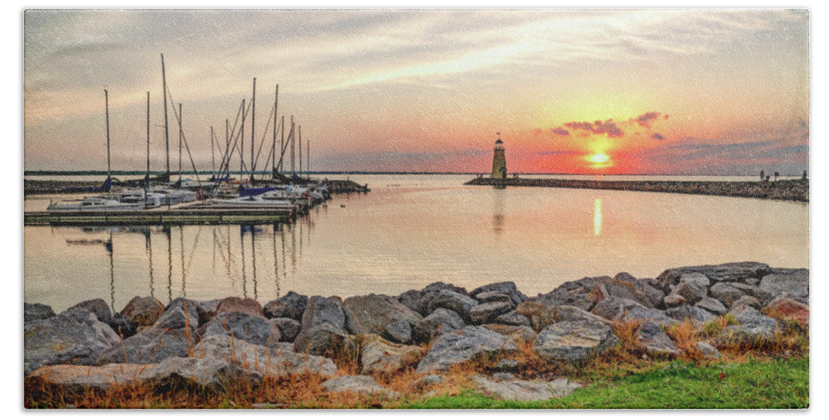 Oklahoma City Hand Towel featuring the photograph East Wharf Sunset and Lake Hefner Lighthouse by Gregory Ballos