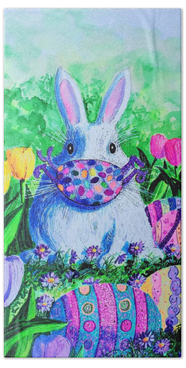 Easter 2020 Was Painted During The Covid-19 Pandemic. Masks Have Since Become The Norm As Well As Social Distancing. Bath Towel featuring the painting Easter Bunny Mask by Diane Phalen