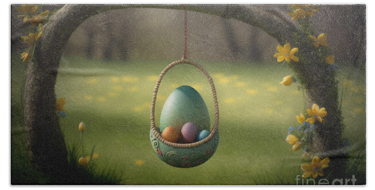 Easter Hand Towel featuring the digital art Easter Egg Serenity, Photorealistic Swing with a Festive Touch by Jeff Creation
