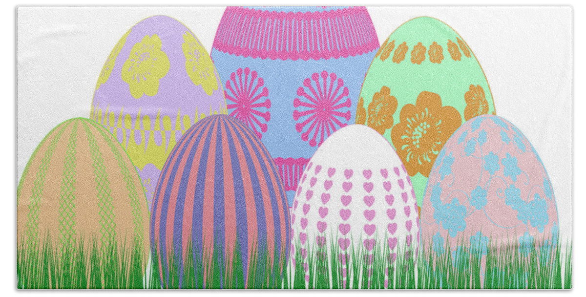 Easter Bath Towel featuring the mixed media Easter Eggs in Spring Grass by Moira Law