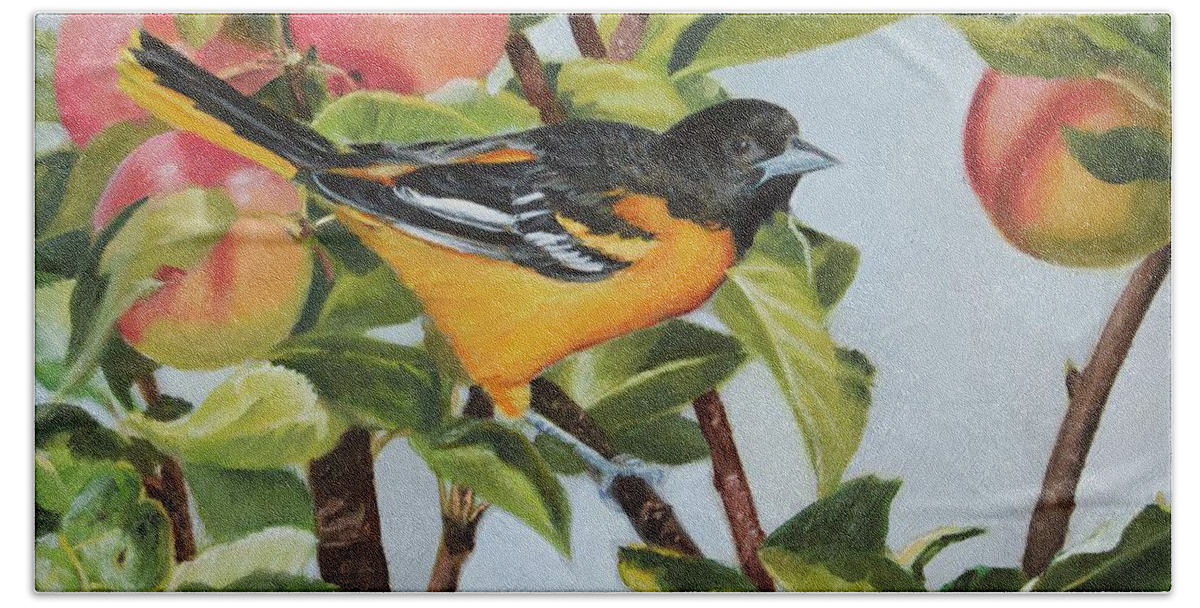 Baltimore Oriole Bath Towel featuring the painting Easy Picking by Tammy Taylor