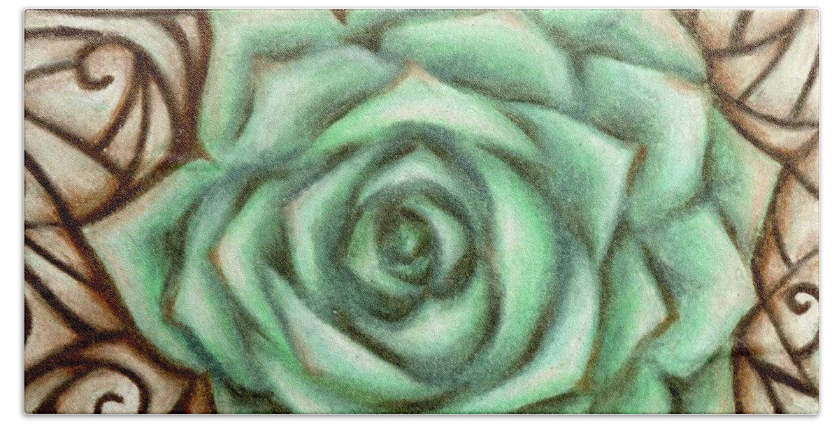 Echeveria Hand Towel featuring the drawing Echeveria Succulent Drawing by Kristin Aquariann