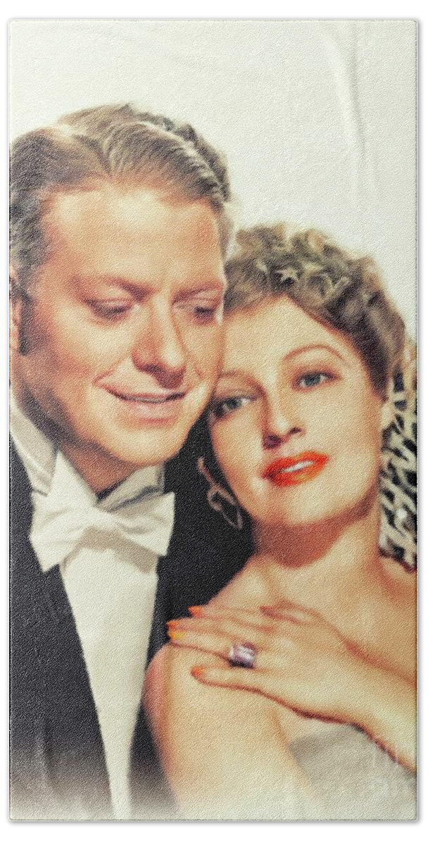 Eddy Bath Towel featuring the painting Eddy Nelson and Jeanette MacDonald, Movie Legends by Esoterica Art Agency