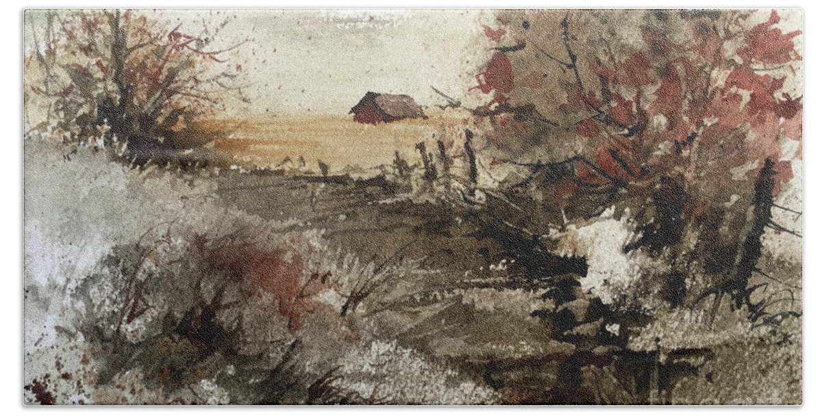 A Rural Scene At The Edge Of A Field In Autumn. Bath Towel featuring the painting Edge Of The Fields by Monte Toon