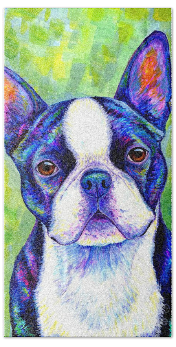 Boston Terrier Hand Towel featuring the painting Effervescent - Colorful Boston Terrier Dog by Rebecca Wang