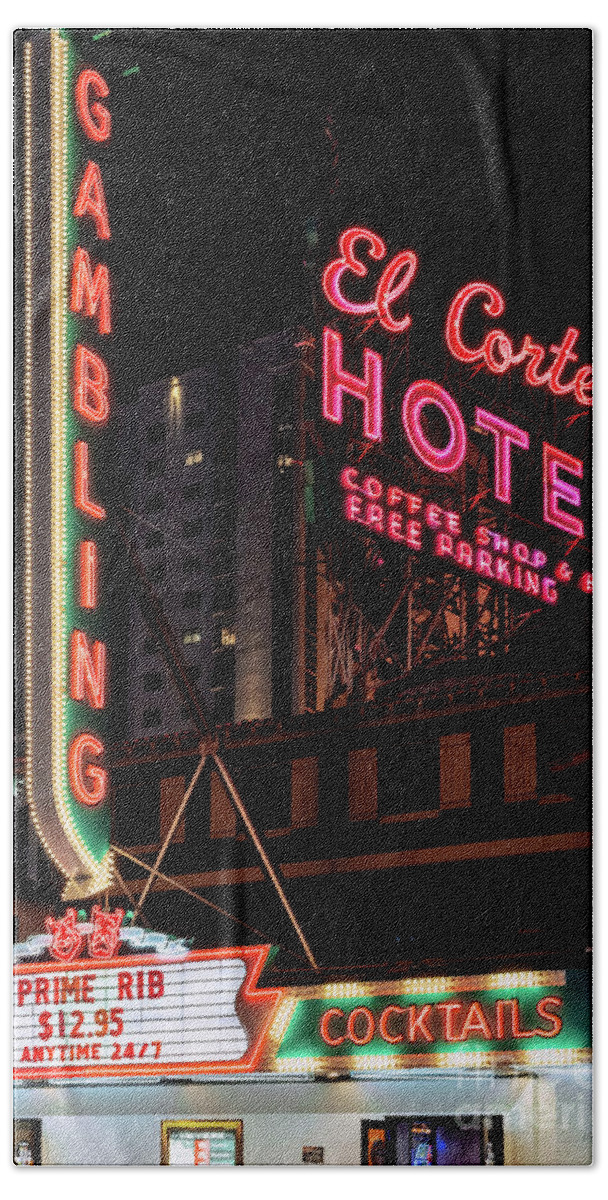 El Cortez Hotel Bath Towel featuring the photograph El Cortez Casino Fremont Street Neon Signs at Night by Aloha Art