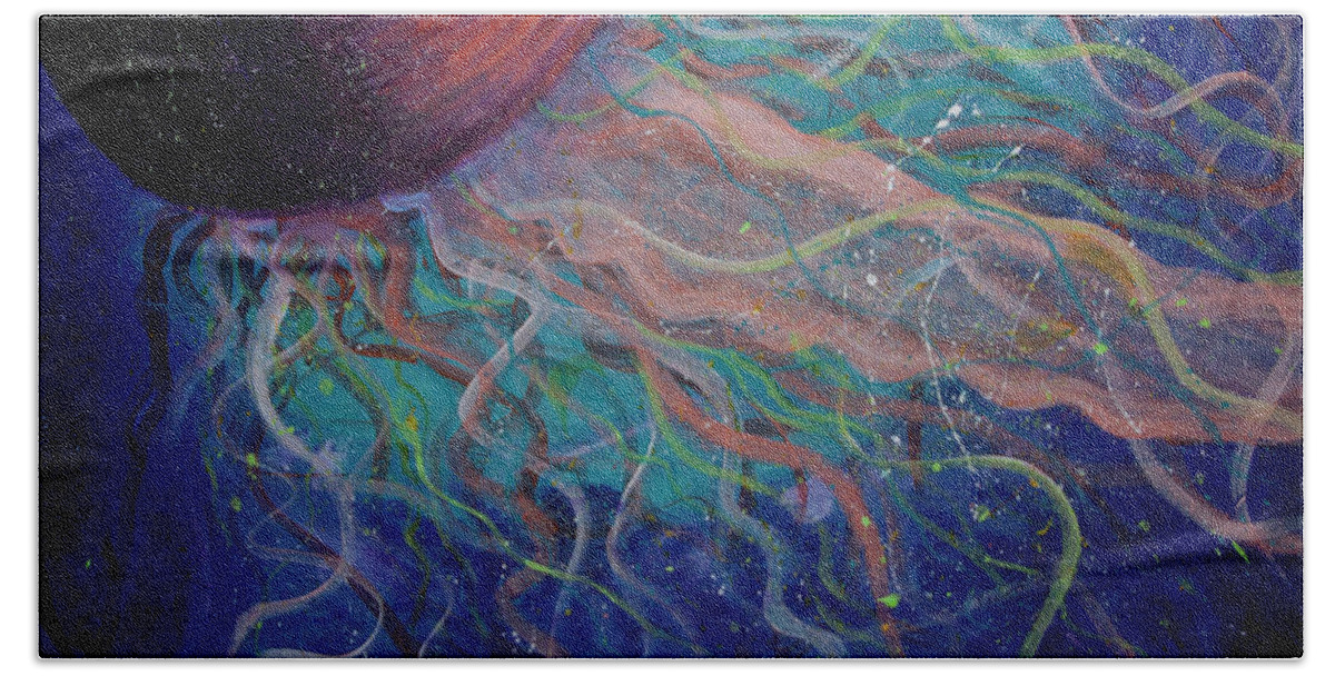 Jellyfish Wall Art Bath Towel featuring the painting Electric Jellyfish 1 by Mike Mooney