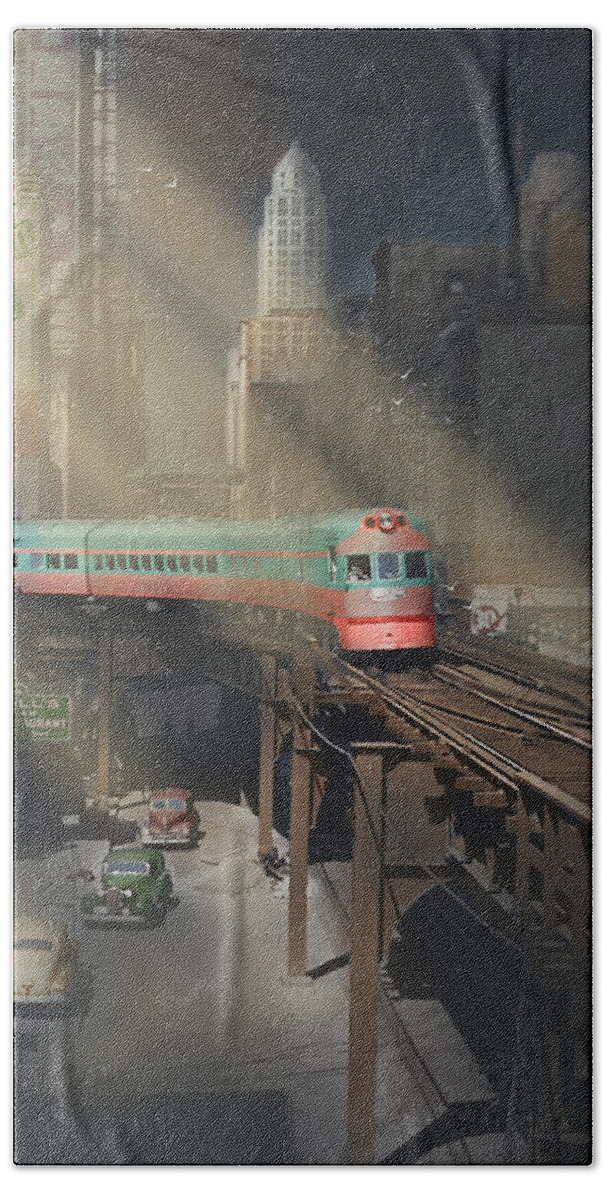 Chicago Hand Towel featuring the painting Electroliner - Chicago in the 1940s by Glenn Galen