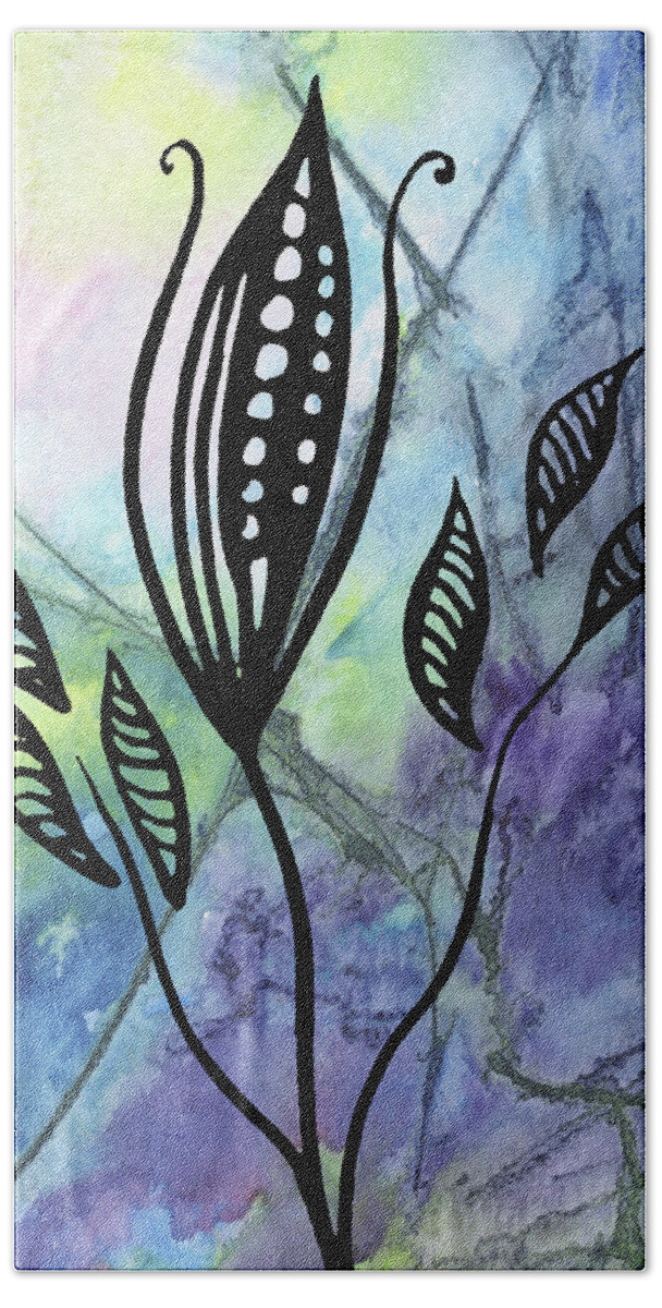 Floral Pattern Bath Towel featuring the painting Elegant Pattern With Leaves In Blue And Purple Watercolor I by Irina Sztukowski
