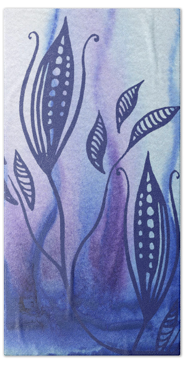 Floral Pattern Bath Towel featuring the painting Elegant Pattern With Leaves In Blue And Purple Watercolor II by Irina Sztukowski