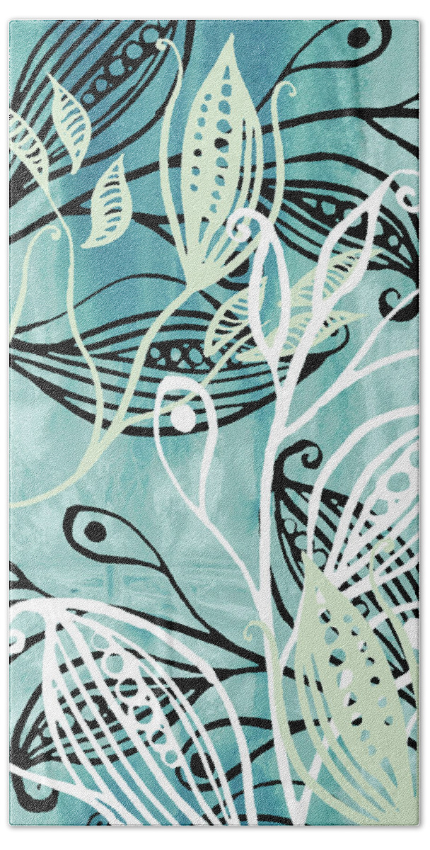 Pods Bath Towel featuring the painting Elegant Pods And Seeds Pattern With Leaves Teal Blue Watercolor IV by Irina Sztukowski