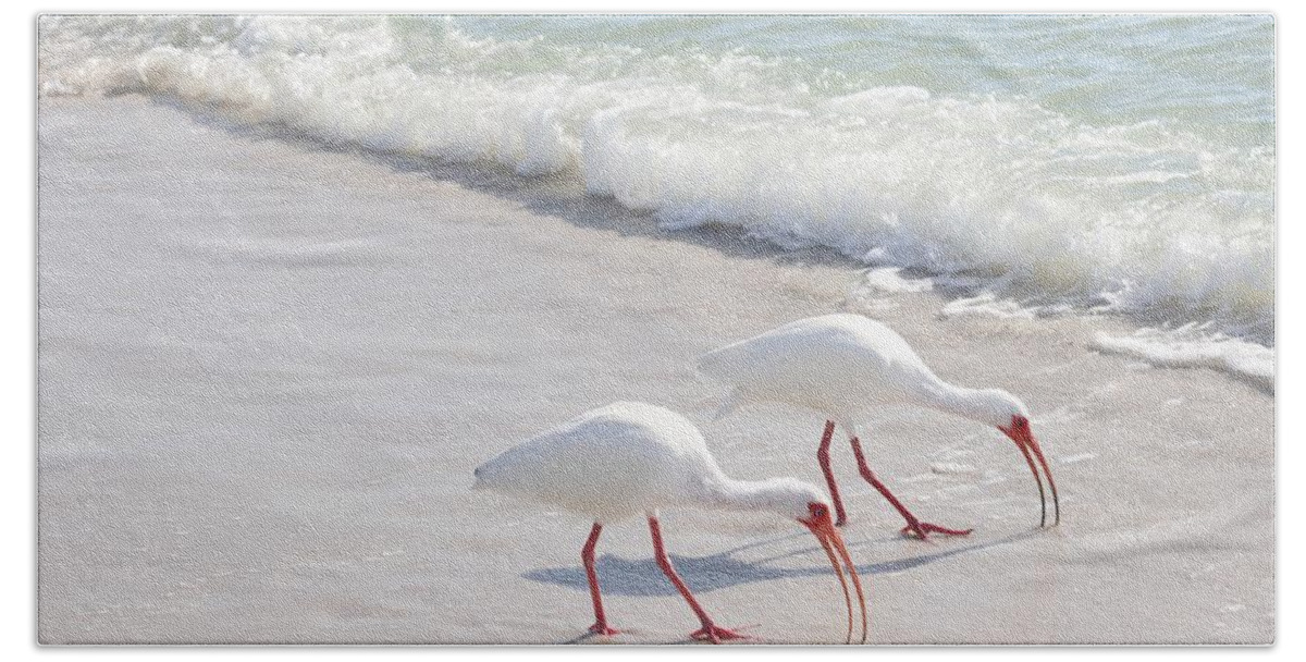 White Ibis Bath Towel featuring the photograph Elegantly in Synch by Mingming Jiang