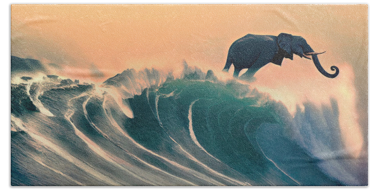 Elephant Catching A Big Wave - Sunset Bath Towel featuring the digital art Elephant Catching A Big Wave - Sunset by Craig Boehman