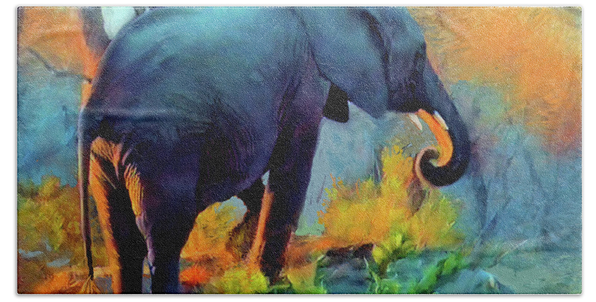 Elephant Hand Towel featuring the painting Elephant Dawn by Joel Smith