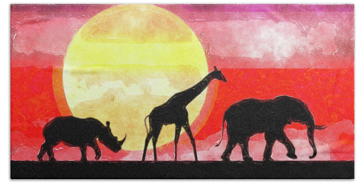 Elephant Hand Towel featuring the digital art Elephant Giraffe Rhinoceros by Phil Perkins