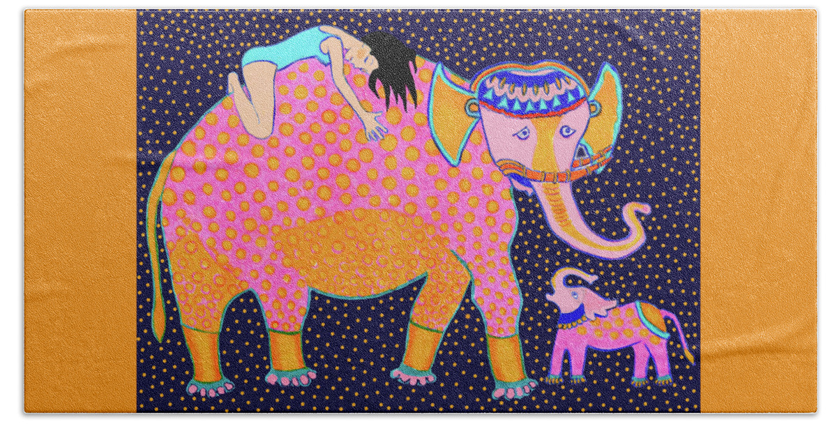 Pink Elephant Bath Towel featuring the drawing Elephant Girl by Lorena Cassady