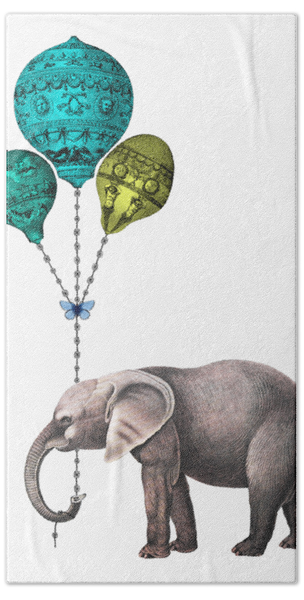 Elephant Hand Towel featuring the digital art Elephant holding blue and yellow balloons by Madame Memento