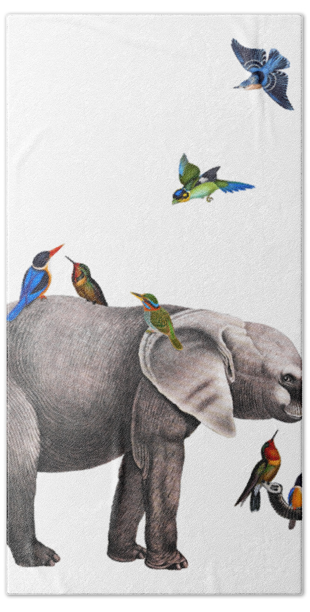 Elephant Hand Towel featuring the digital art Elephant with birds illustration by Madame Memento