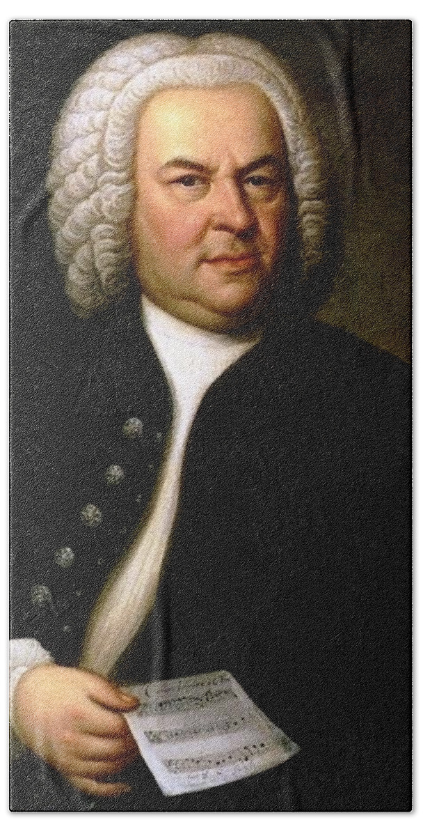  Bath Towel featuring the painting Elias Gottlob Haussmann - Portrait of Johann Sebastian Bach by Les Classics