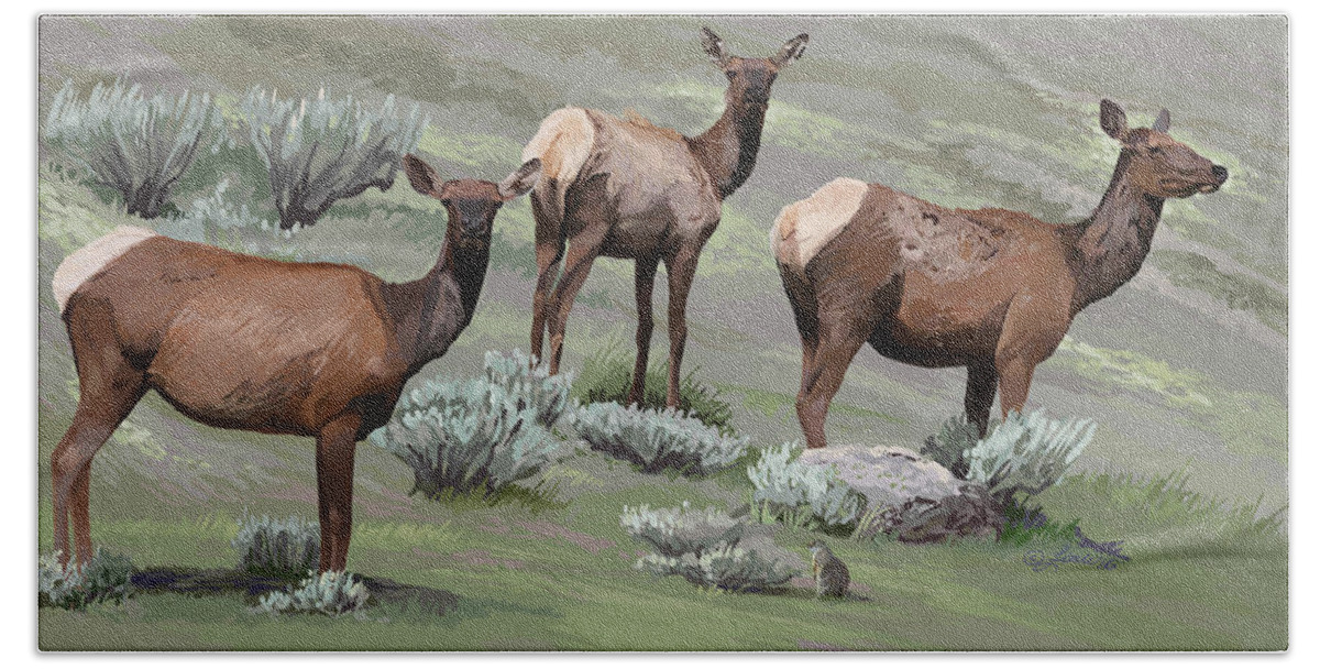 Animals Bath Towel featuring the digital art Elk Cows Trio by Pam Little