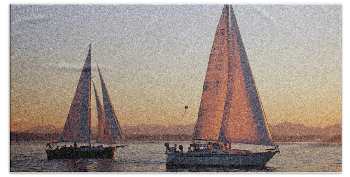 Pacific Northwest Hand Towel featuring the photograph Elliot Bay Sailboats by Sean Hannon