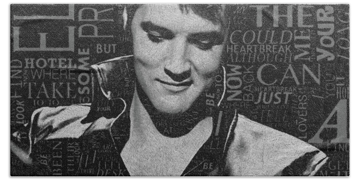 Elvis Presley Bath Towel featuring the painting Elvis Heartbreak Hotel Lyrics by Tony Rubino