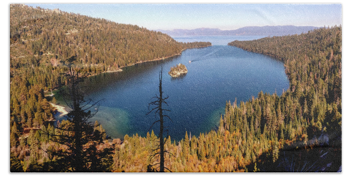 Emerald Bay Hand Towel featuring the photograph Emerald Bay Aerial Panorama by Christopher Johnson